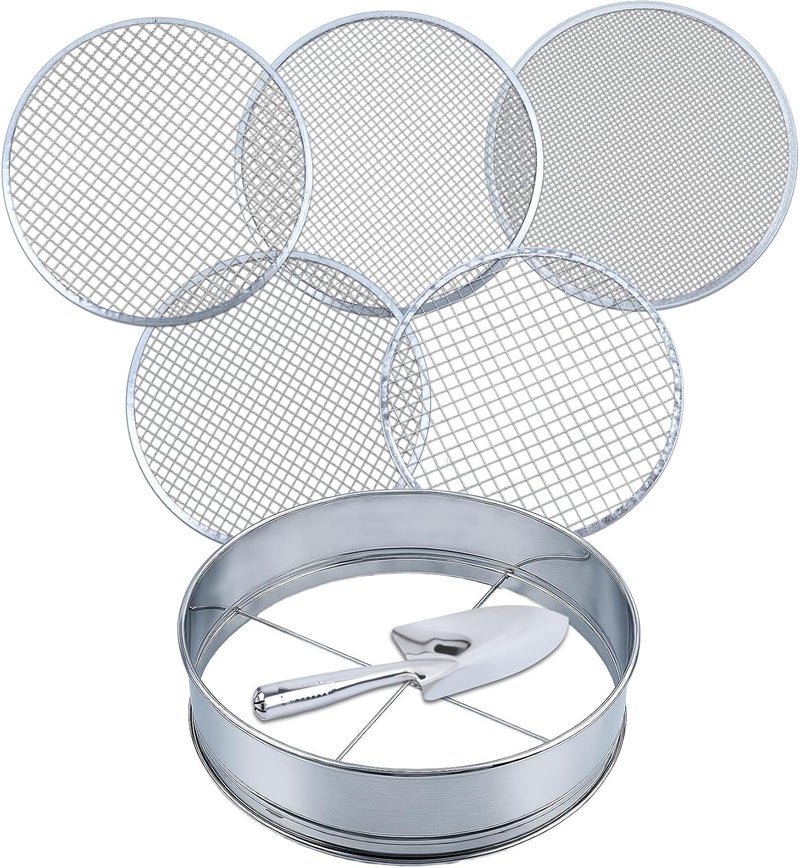 HIPULX 5-in-1 Soil Sifter Set with 5 Replaceable Stainless Steel Mesh Screen & Shovel (1/8" to 1/2"), Soil Sifter for Soils, Compost, Bonsai, Cat Litter and More（11-5/8" Diameter） - Image 1
